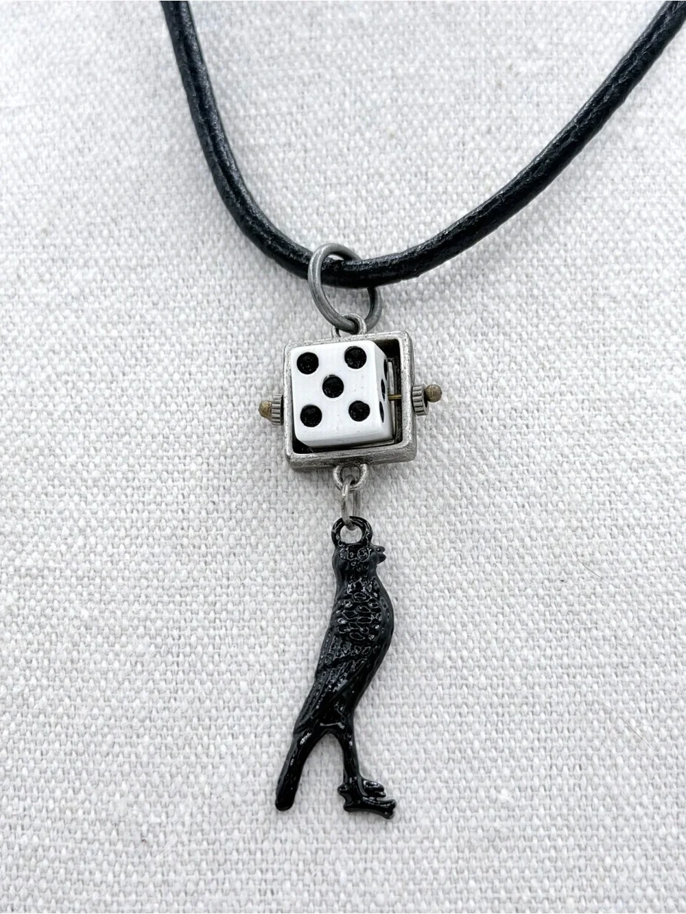 Spinning Dice Black Crow Bird Leather Cord Mens Necklace Rockabilly Goth Punk